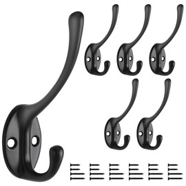 Bolatus Pack of 6 Clothes Hooks, Coat Hooks, Gooseneck Hooks, Double Wall Hooks, Wall Coat Hooks, Metal Hanger with 24 Screws for Bathroom, Kitchen (Black)