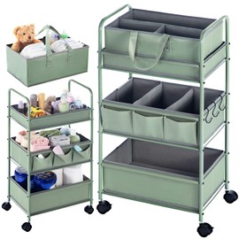 Honeydak 2in1 Baby Diaper Caddy Organizer Cart 3 Tier Large Capacity Metal Utility Bedside Rolling Cart with Divider for Newborn Nursery Essential Must Have for Crib Bedroom Baby Shower(Green)