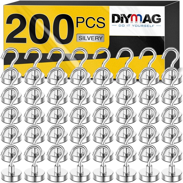 DIYMAG Magnetic Hooks, 25Lbs Strong Heavy Duty Cruise Magnet S-Hooks for Classroom, Fridge, Hanging, Cabins, Grill, Kitchen, Garage, Workplace and Office etc, (200 Pack-Silver),Screw in Hooks