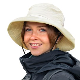 TOP-EX Women's Sun Hat with Ponytail, UPF 50 Wide Brim Fishing Hat for UV Protection, Waterproof Rain Hat, Bucket Hat with Chin Strap, Breathable Summer Mesh, Foldable, Outdoor Safari, beige, S