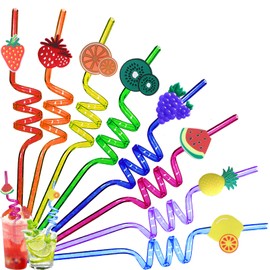 Pack of 8 Children's Colourful Fruit Straws, Reusable Drinking Straws, Novelty Curly Drinking Straws for Birthday Party Decoration Christmas Party Accessories