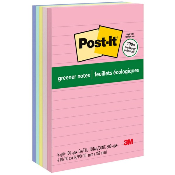 3M Post-it(R) Lined Notes, 4in. x 6in., Assorted Pastel Colors, Pack Of 5