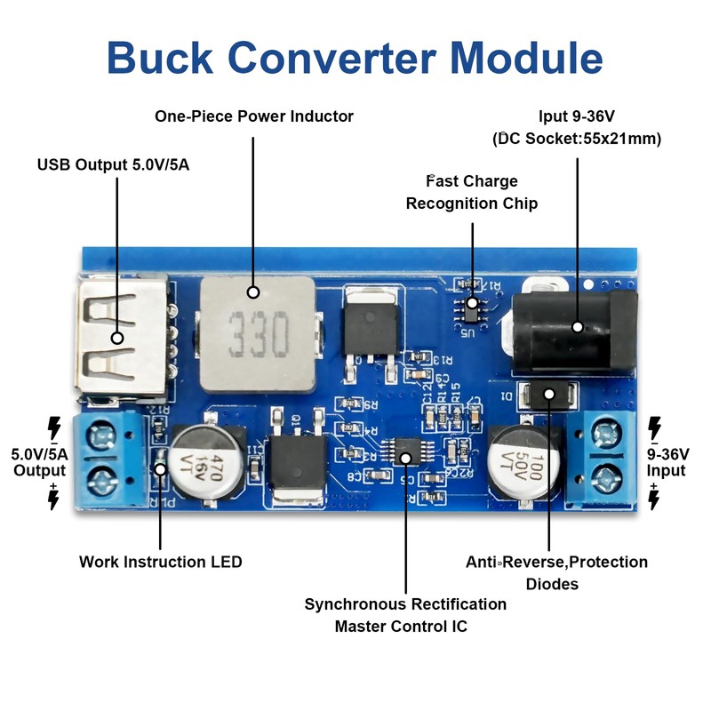 DC-DC Buck Converter 24V/12V to 5V 5A, QIQIAZI Step Down
