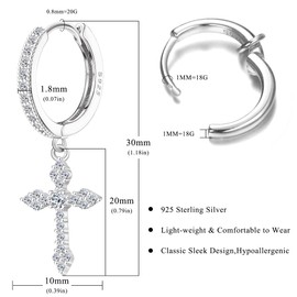 KRFY Cross Earrings 925 Sterling Silver for Women Men Dainty CZ Huggie Hoop Earrings Cross Dangle Earrings Lightweight Huggie Earrings 18 K Gold Silver