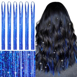Wennalife WENNALIFE Hair Tinsel for Girls, Treasure Blue Fairy Hair Tinsel Kit 1200 Strands 6PCS 48 Inch Heat Resistant Glitter Tinsel Hair Extensions Kit Christmas Hair Feathers Tinsel for Hair Sparkle Strands