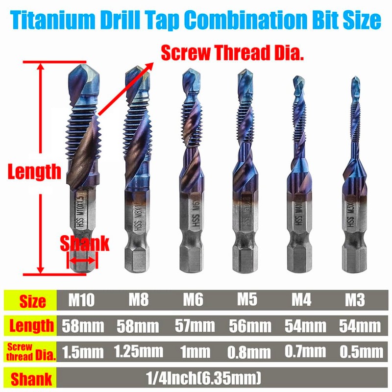 Yakamoz 6Pcs Hexagon Titanium Drill Tap Combination Bit Set, 1/4"