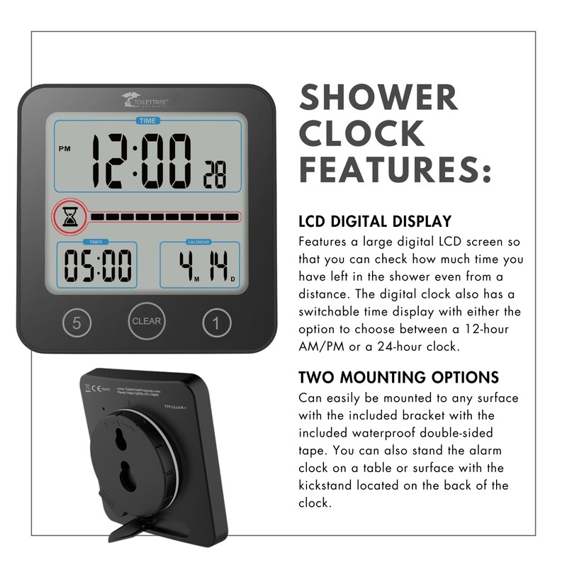 ToiletTree Products Digital Bathroom Shower Clock with Alarm & Large