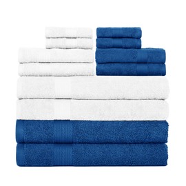 Ample Decor Set of 12 600 GSM 100% Cotton - 4 Bath Towels, 4 Hand Towels, 4 Wash Cloths, Absorbent Soft Premium Quality Machine Washable, Oeko Tex Certified Ideal for Gifting - White - Navy