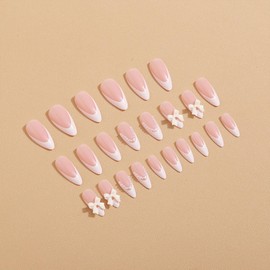 White French Tip Bow Press on Nails Almond Fake Nails with White Pearls Bow-Kont Rhinestones Charms Designs Nude False Nails Glossy Glue on Nails Cute Artificial Stick on Nails for Women Girls 24Pcs