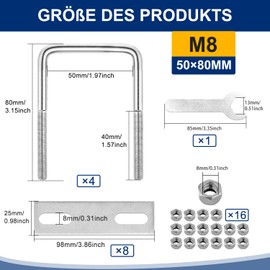 U-bolt with thread M8 square U shackle 50 x 80 mm U-bolt 4 pieces with 16 nuts and 8 counter plate U screws U-bolts for towing cars ships repair (M8 50 x 80 mm)