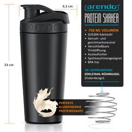 Arendo - Protein Shaker Stainless Steel 750 ml - Protein Shaker with Mixing Ball - BPA Free - Mixing Cup - Metal Premium Protein Shaker - Carry Handle - Dishwasher Safe - To Go for Yoga Fitness Sports