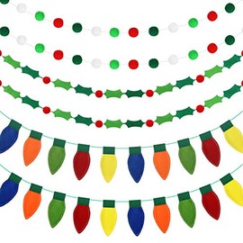 3 Pieces Christmas Wool Felt Ball Garland 39.4 Feet Pom Pom Garlands Holly Berries Felt Banner Colorful Christmas Light Bulbs Christmas Hanging Garland Banner for Wall Christmas Tree Decoration