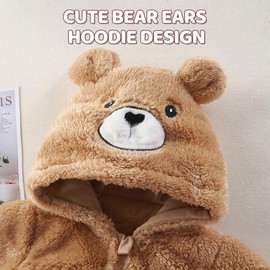 WYTbaby Baby Jumpsuit Winter Fleece Romper with Hood Warm Autumn Winter Outfits for Baby Girls Boys 0-12 Months, brown