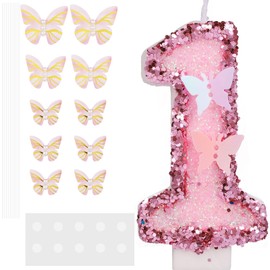 Birthday Number Candles, 2.95 Inch Glitter Number Candles with Butterfly Plugin Pink Number Candles with Sequins Party Candles for Birthday Anniversary (Number 1)