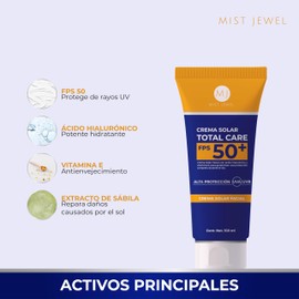 Protector solar facial Total Care 50+ FPS Con Ácido hialurónico, Vitamina E y extracto de sábila | Proteccion rayos UVA UVB para todo tipo de piel sport resistente al agua 100ml