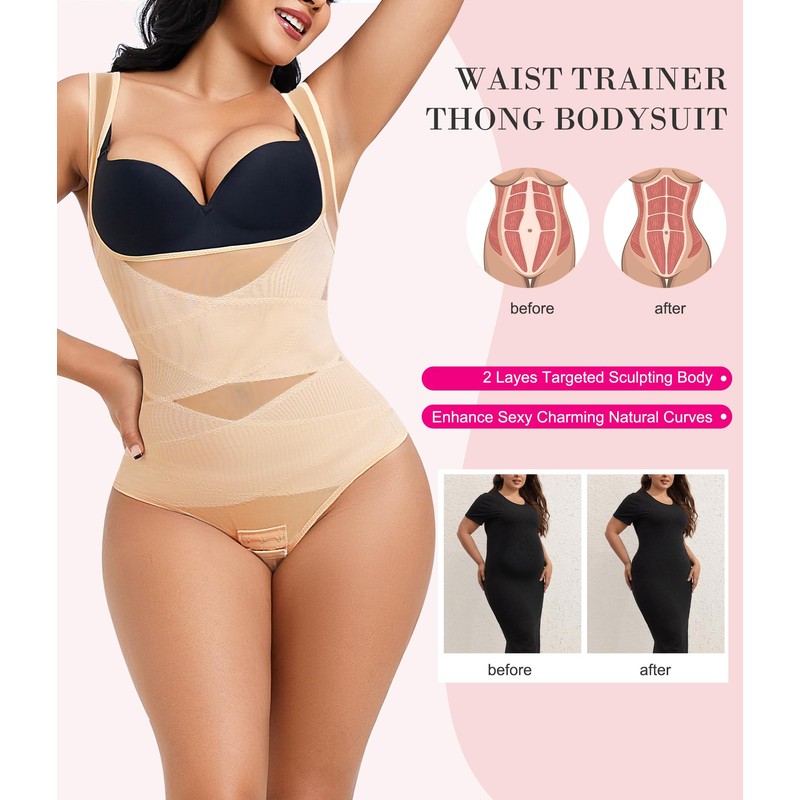 Nebility Thong Shapewear Bodysuit for Women Tummy Control Body Shaper