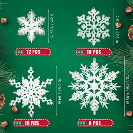 40pcs Christmas Snowflake Ornaments, Plastic Snowflake Hanging Decor White Glitter Snowflake Ornaments for Christmas Winter Theme Party Outdoor Decor DIY Crafts