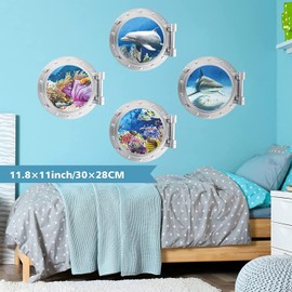 KAIRNE 3D Sea Life Fish Wall Stickers for Bathroom,Under The Water Shark Wall Art for Kids Bedroom,Ocean Dolphin Wall Decal Nursery Decoration,Set of 4 pcs