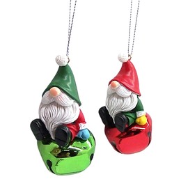 Gnome Jingle Bell Christmas Ornaments, Set of 2 Assorted Designs, Holiday Décor, Tree Hanging Ornaments, 3 Inches