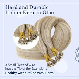 RUNATURE Braun Nano Extensions Real Hair Blonde Highlights 35 cm Straight Extensions Nano Beads Real Hair 1 g Nano Ring Extensions Real Hair 50 g 50 Pieces Remy Human Hair Colour #8P60