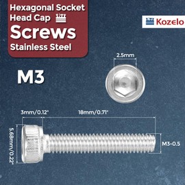 Kozelo Pack of 100 Cylinder Screws with Hexagon Socket - [M3-0.5 x 18 mm] 304 Stainless Steel Full Thread Allen Hex Drive for Electric Motor 3D Printing Fan Motor Replacement, Silver