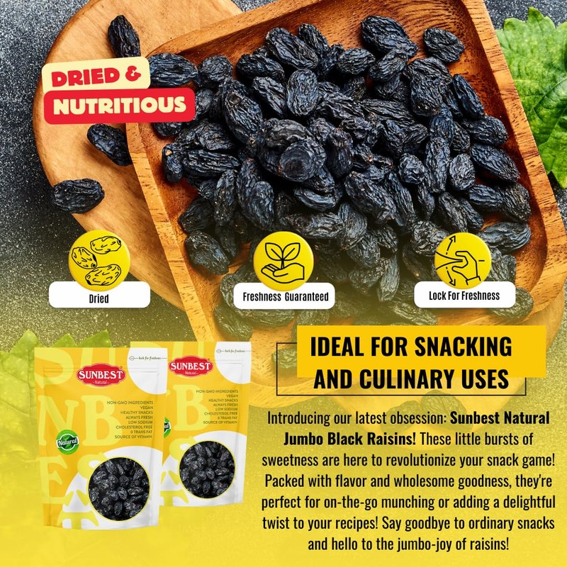 Sunbest Natural Jumbo Black Raisins – 5 lb Bulk Bag