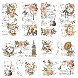 Shejdgart Flower Rub on Transfers for Crafts - 8 Sheets Vintage Floral Rub on Transfer Stickers for Furniture Butterfly Clock Rub on Transfers for Wood DIY Home Office Decor 11.4x5.9 Inch