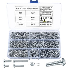 1080 Pcs M3 Cross Pan Head Screws Bolts and Nuts and Washers, Hex Socket Head Button Head Machine Screws Bolts and Nuts with Flat Washers Assortment Kit for Home Office Industrial Electronic