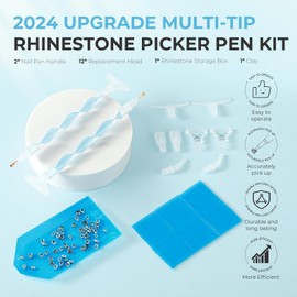 Eudaicful Rhinestone Picker Tool Kit: 2Pcs Rhinestone Picker Handle, Dual-Ended Rhinestones Applicator Dotting Tools Pen with 12 Upgraded Plastic Replacement Tips, Clay for DIY Nail Art Craft (Blue)