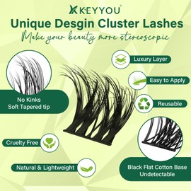 Lash Clusters 3D Effect Eyelash Clusters KEYYOU 144pcs D Curl 10mm Wispy Lashes Fluffy Cluster Lashes Natural Soft DIY Lash Extension(Elixir-D-10)