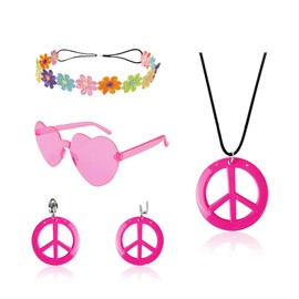 PLATEYTR Women's Hippy Costume Sets - 60s 70s Style Hippy Bohemian Headband Retro Vintage Glasses Peace Sign Costume Dress Up, 60s to 70s Hippy Hippy Fancy Dress Costumes Women's Disco Costumes