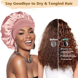 Adubor Silk Bonnet for Sleeping Women Men - Larger Double Layer Satin Bonnet for Sleeping - Hair Bonnet for Sleeping, Black+pink, Large