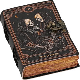 C CUERO Book of Spells Leather Journal Deckle Edge Paper Grimoire Printed Journal The Lovers Tarot Notebook Spiral Gothic Notebook Skull lover Antique Vintage Leather Journals for Men and Womens 10