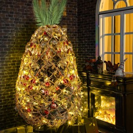 Seeloowy Tropical Pineapple Christmas Trees Include LED Net with Light and Jute Rope Net Set Christmas Rope Netting Mesh Tropical Bush Lights for Indoor Outdoor Party Decor, Warm Color
