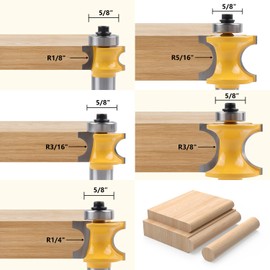 Newdeli 5Pcs Bullnose Router Bit Set 1/2 Inch Shank - Radius 1/8" 3/16" 1/4" 5/16" 3/8" - Carbide Bearing Half Round Edge Router Bits for Door Table Cabinet Shelve