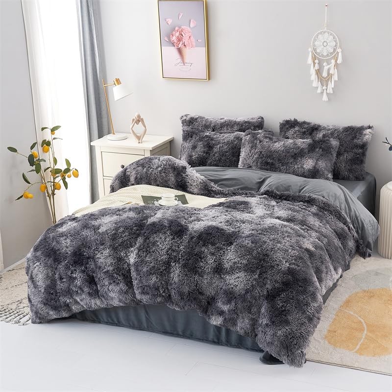 chovy Faux Fur Tie-Dyed Black Gray White Colorful Comforter Sets