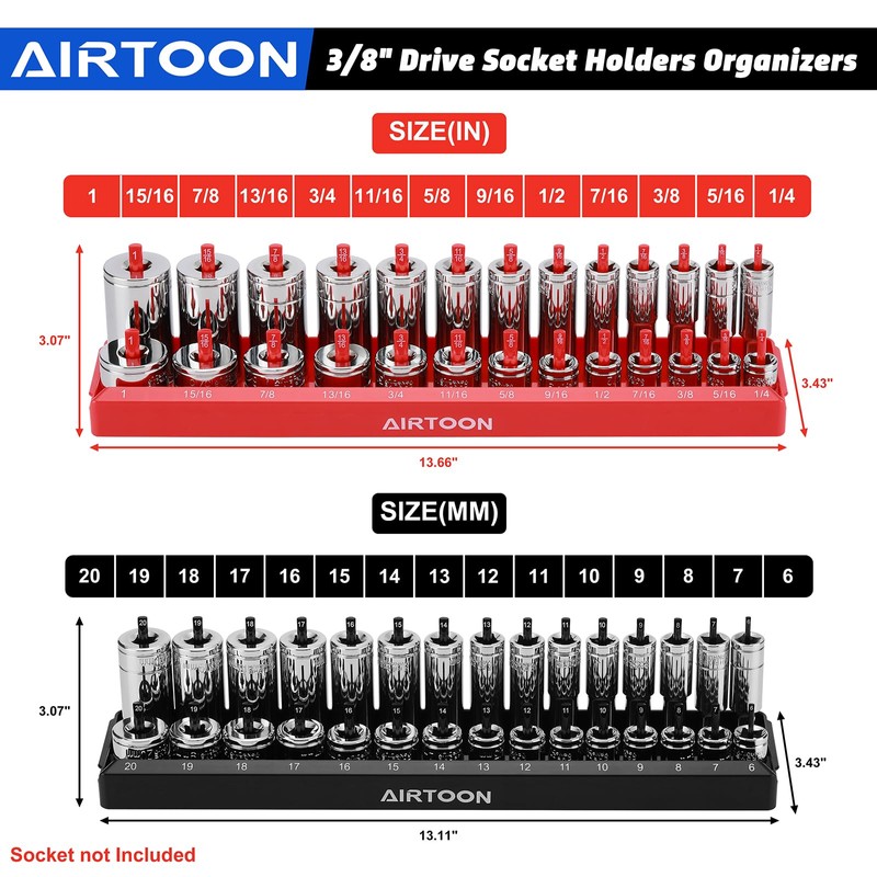AIRTOON 3/8-Inch Drive Socket Organizer Trays, 2-Piece SAE and Metric