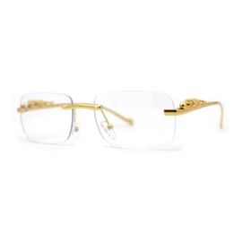 SA106 Mens Rimless Pimp Leopard Jewel Pin Arm Rectangle Eyeglasses Gold