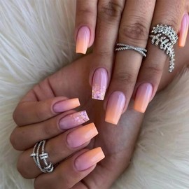 Press on Nails Long Coffin Fake Nails Pink Orange Ombre Shiny Acrylic False Nails with Glitter Sequins Designs Glue on Nails Gradient Glossy Artificial Stick on Nails for Women Manicure 24Pcs