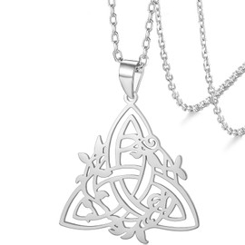 VASSAGO Celtic Knot Necklace Stainless Steel Irish Trinity Knot Pendant Triangle Pendant with Vine Leaf Necklace Amulet Jewelry for Women Men, Stainless Steel, No Gemstone