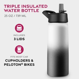 FineDine Water Bottle - Stainless Steel Insulated Water Bottle with Straw Lid, Flip Lid & Wide-Mouth Cap - Keeps Hot and Cold - 25 Oz / 739ml - Dreamy Black-White