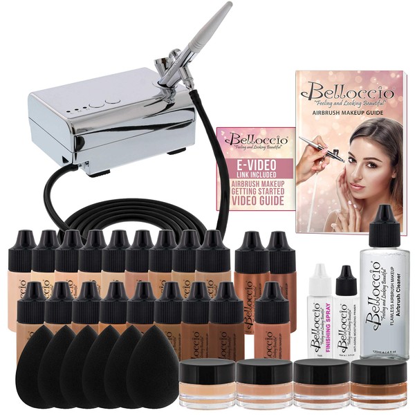 Complete Professional Belloccio Airbrush Cosmetic Makeup System with a MASTER SET of All 17 Foundation Color Shades in 1/4 oz Bottles - Blush, Bronzer, Highlighters