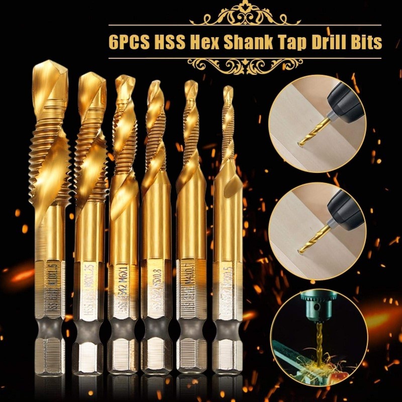 6 Pack Metric Thread M3-M10 Titanium Coated Combination Drill Tap