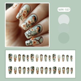 Green Press on Nails Medium Ballet Shaped Green Vine False Nail Spring Manicure Acrylic Glossy Glue on Nails Press Ons Fingernails Full Cover Artificial Stick on Nail for Women 24Pcs