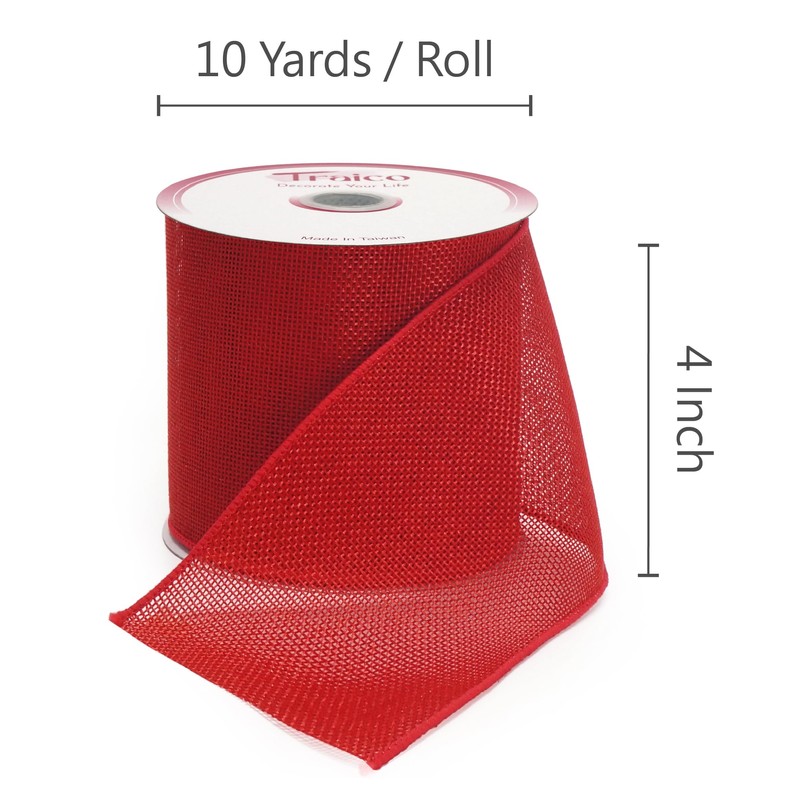 Traico 4" x 10 Yards Red Burlap Wired Ribbon for