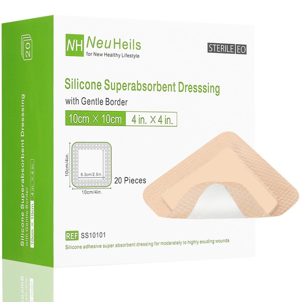 NeuHeils Silicone Super Absorbent Wound Dressing 4''x4'' 20 Packs, Self-Adhesive