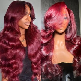 Sofeel Burgundy 30 Inch Lace Front Wig Human Hair Dark Shade 13x4 HD Lace Body Wave 99j Burgundy Wig Human Hair Pre Plucked 180 Density Full Frontal with Natural Hairline Dark Tone Body Wave