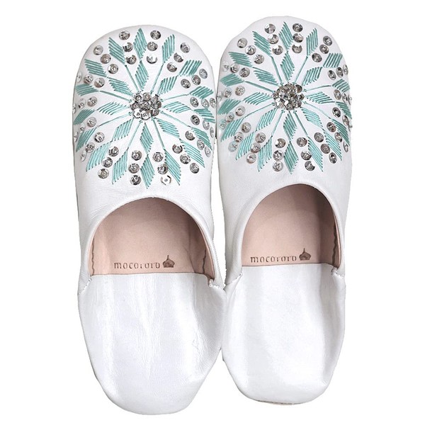 mocororo Moroccan Babouche Luxe Genuine Leather, Embroidered, Sequins, Room Shoes, Slippers, Women's, WhiteAqua, 22.5~24.5 cm