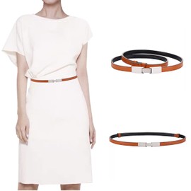 Women's Belts Skinny Soft Genuine Leather Belts Adjustable Slim Waist Belt Silver Metallic Plaque Buckle Waistband, 2-Pack, Black & Brown