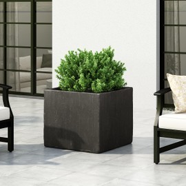 Christopher Knight Home Jorine Cast Stone Planter, Square Patio Urn, Lightweight Concrete Garden Pot, Plant Pot with Drain Plug, Outdoor Large Planter for Backyard Garden Poolside, 21.50" Black